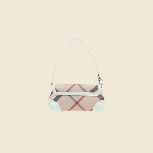 BURBERRY NOVA CHECK WHITE LEATHER TRIM MINI BAGUETTE