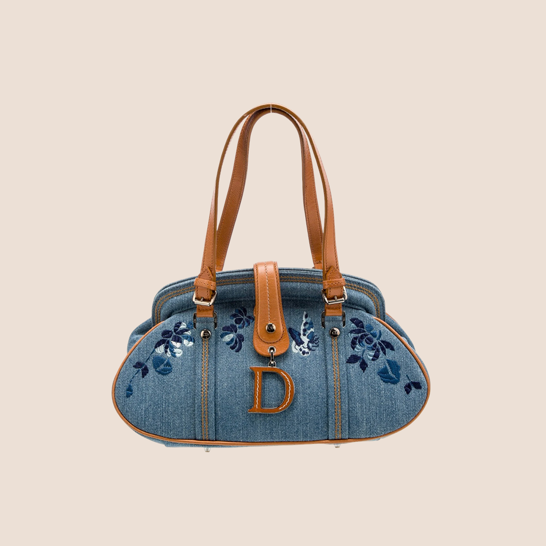 CHRISTIAN DIOR DENIM FLORAL FRAME DETECTIVE BAG