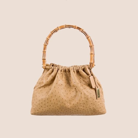GUCCI CREAM OSTRICH BAMBOO HANDLE BAG