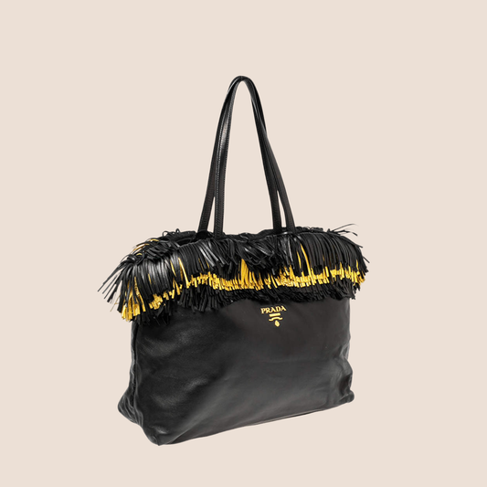 PRADA 2000 BLACK & GOLD LEATHER FRINGED TOTE BAG