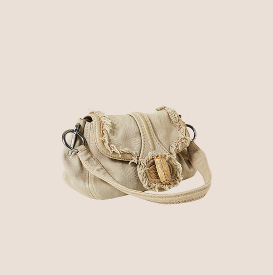 PRADA 2000 BEIGE LINEN FRINGE SHOULDER BAG