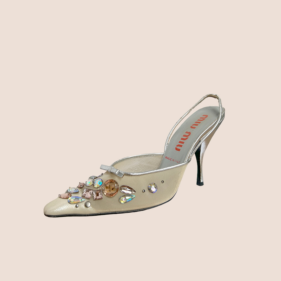MIU MIU 2000 SILVER GEM STRAP SANDALS