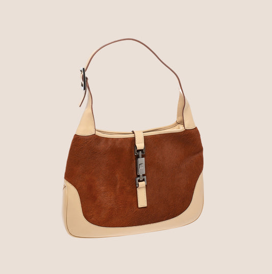 GUCCI BEIGE CALFHAIR & LEATHER JACKIE HOBO BAG