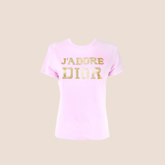 CHRISTIAN DIOR PINK & GOLD "J'ADORE DIOR" METAL LOGO T-SHIRT