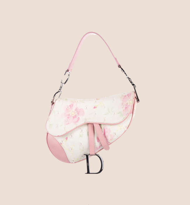 CHRISTIAN DIOR DISTRESSED PINK FLORAL SADDLE BAG