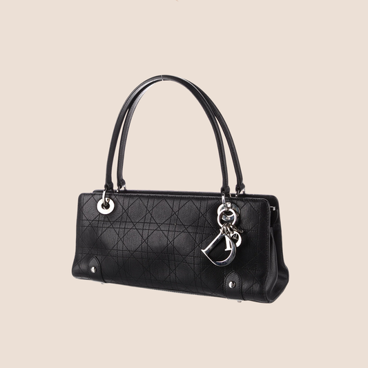 CHRISTIAN DIOR BLACK LEATHER CANNAGE EAST WEST LADY DIOR TOTE BAG