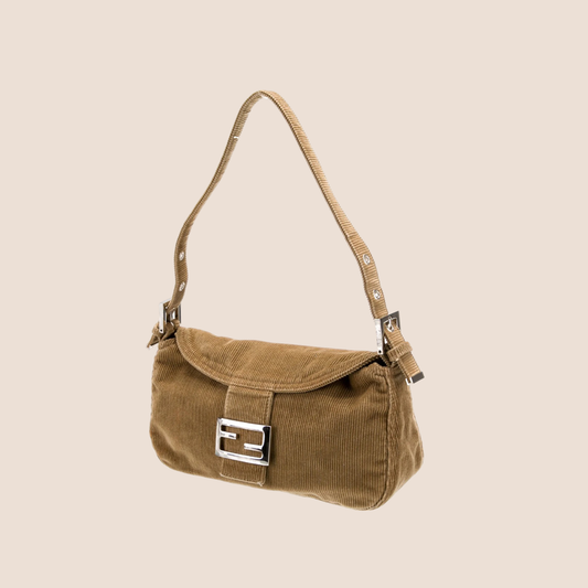 FENDI 2000 CAMEL CORDUROY FLAP BAGUETTE BAG