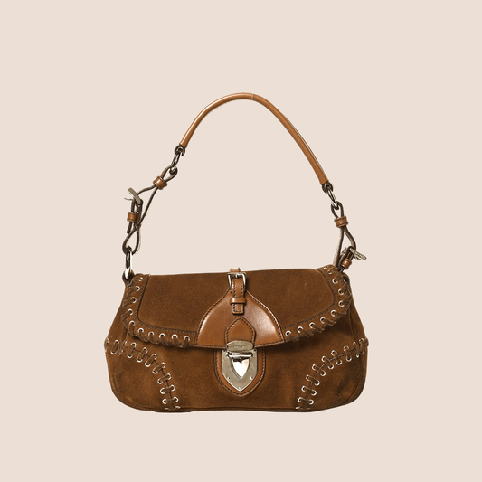 PRADA 2000 BROWN SUEDE WHIPSTITCH GROMMET SHOULDER BAG