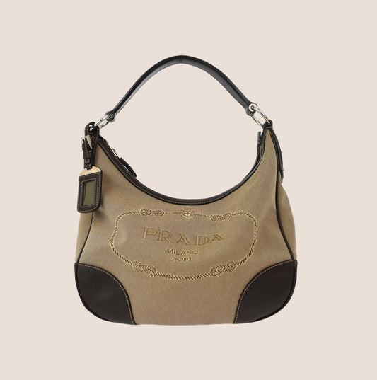 PRADA BROWN JACQUARD LOGO HOBO BAG
