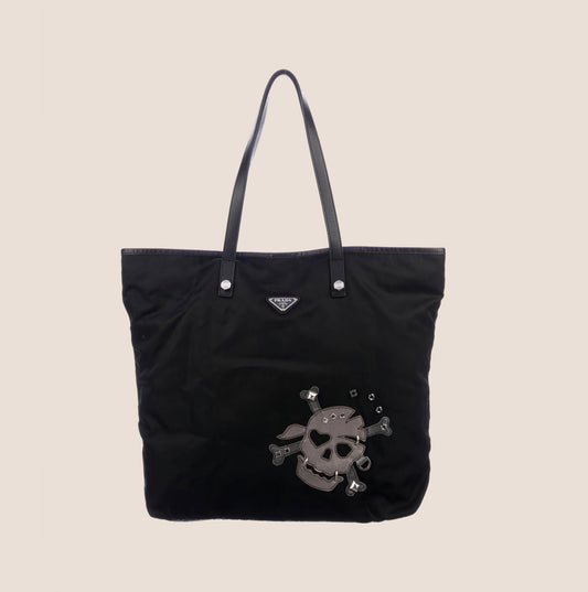 PRADA BLACK SKULL PATCH NYLON TOTE