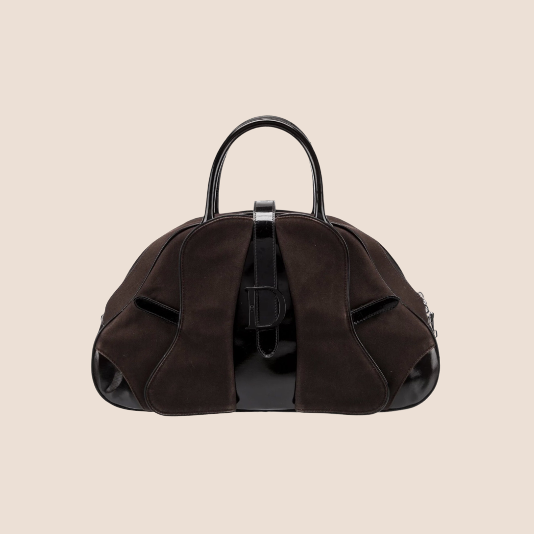 CHRISTIAN DIOR BROWN LEATHER & NYLON DOUBLE SADDLE BAG