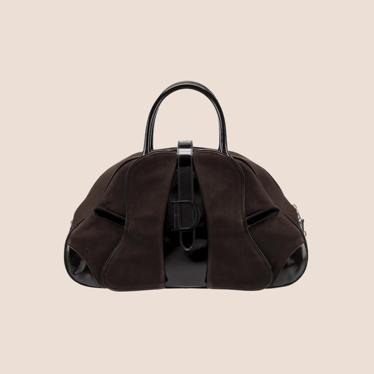 CHRISTIAN DIOR BROWN LEATHER & NYLON DOUBLE SADDLE BAG