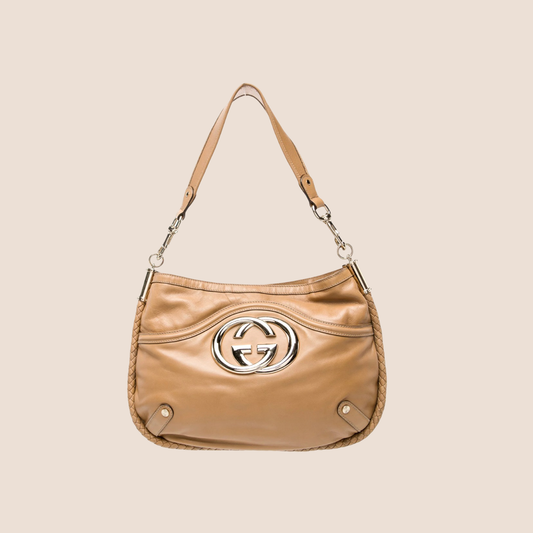 GUCCI TAN LEATHER INTERLOCKING G BRITT SHOULDER BAG