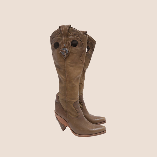 CHRISTIAN DIOR KHAKI LEATHER WESTERN COWBOY BOOTS