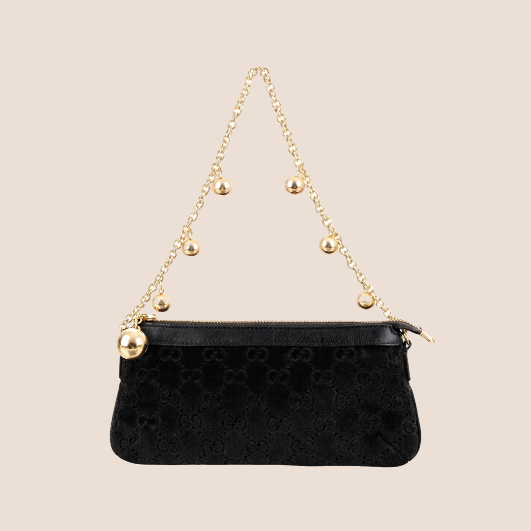 GUCCI 2000 GG BLACK VELVET CHARMS CHAIN POCHETTE BAG