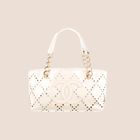 CHANEL 2003 WHITE PATENT PERFORATED TOTE BAG