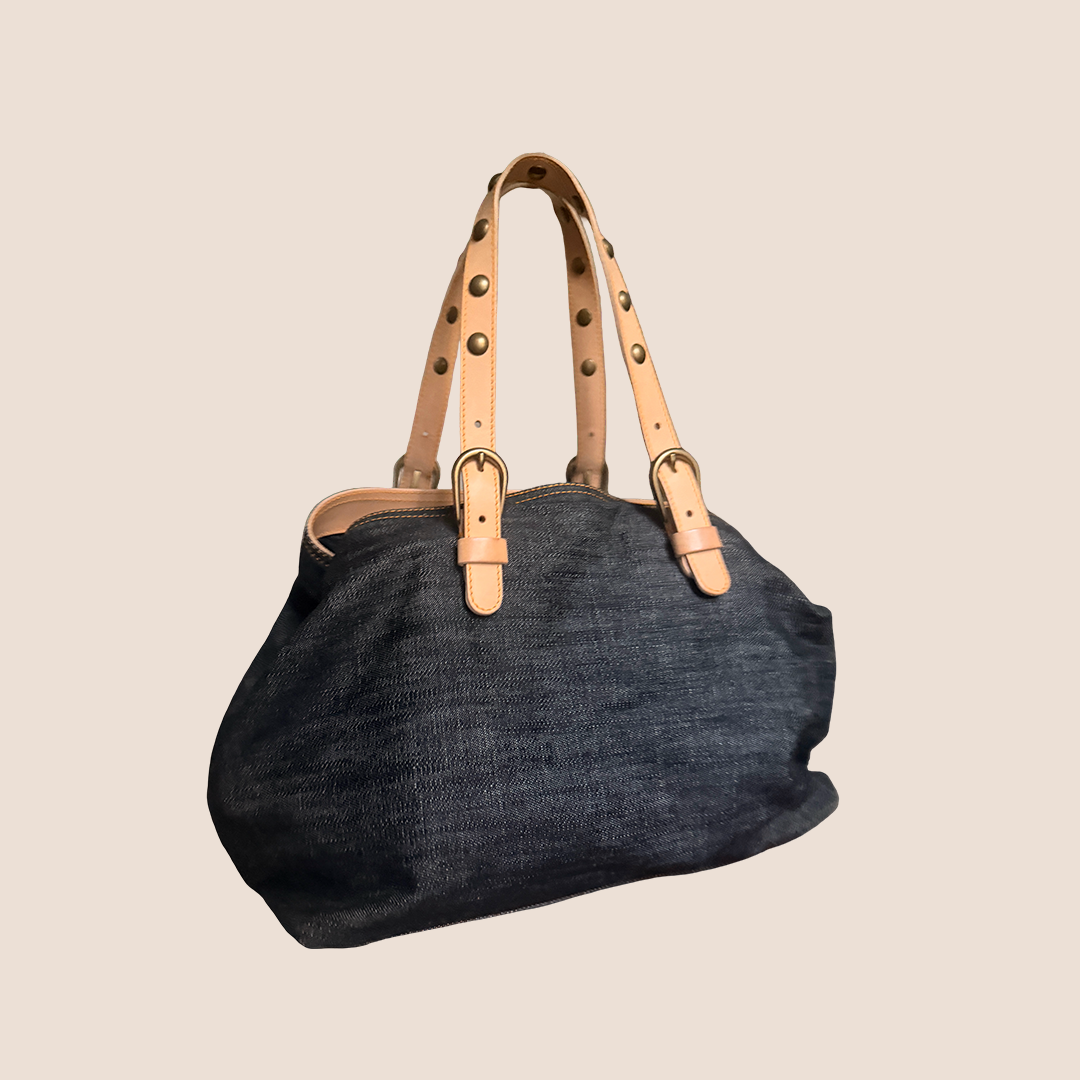 MIU MIU 2000 NAVY DENIM STUDDED TOTE BAG