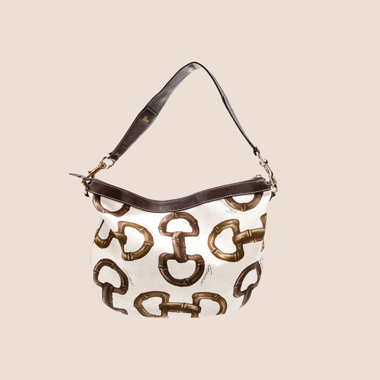 GUCCI WHITE & BROWN HORSEBIT HALF MOON HOBO BAG