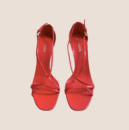 PRADA RED PATENT LEATHER STRAP HEELS