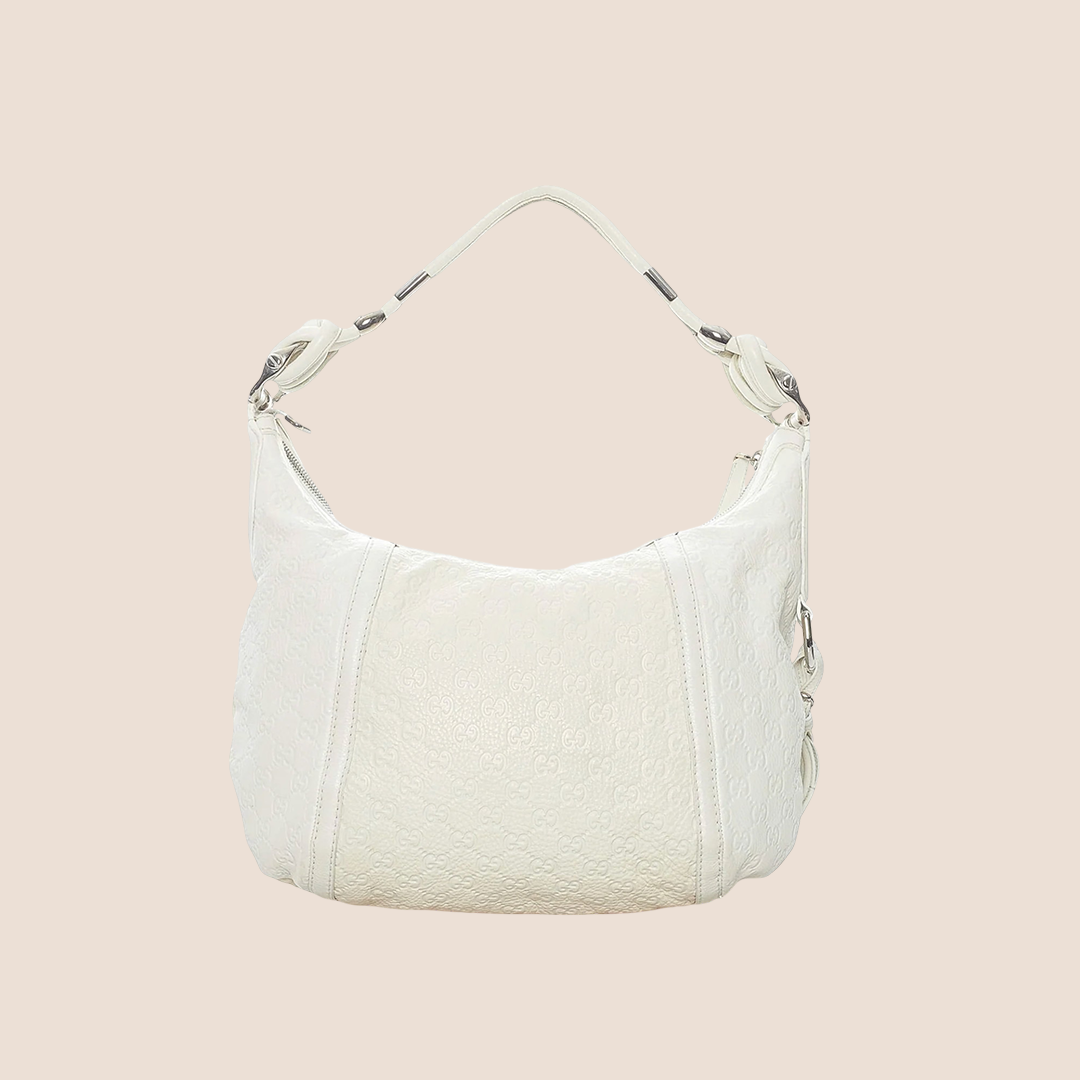 GUCCI GG MONOGRAM WHITE LEATHER TASSEL HOBO BAG