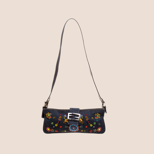 FENDI 2000s FLORAL EMBROIDERED DENIM SHOULDER BAG