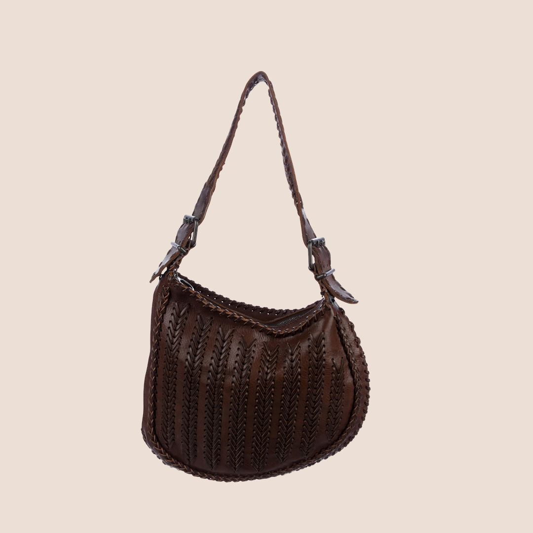 FENDI 2003 BROWN LEATHER WHIPSTITCH OYSTER HOBO BAG