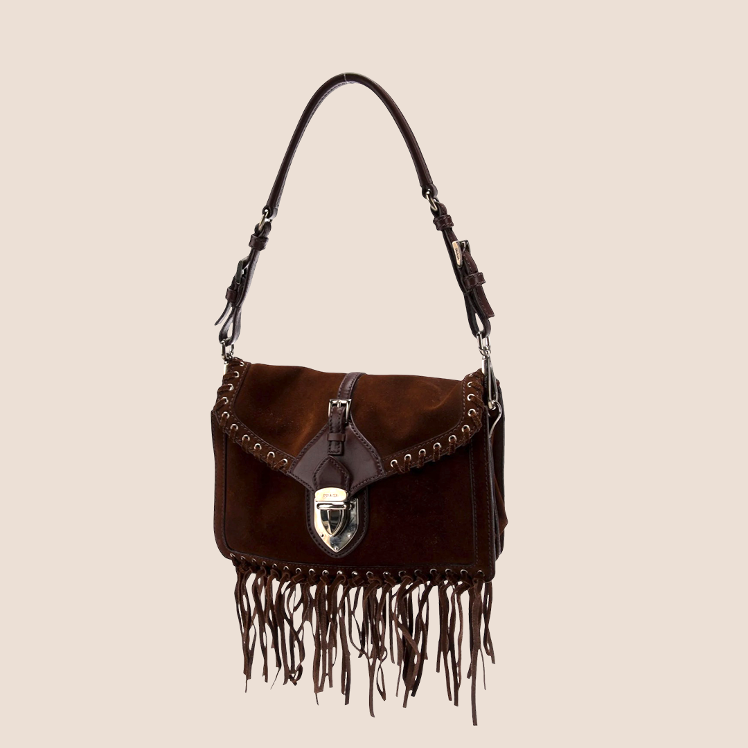 PRADA 2000 BROWN SUEDE WHIPSTITCH FRINGE BAG