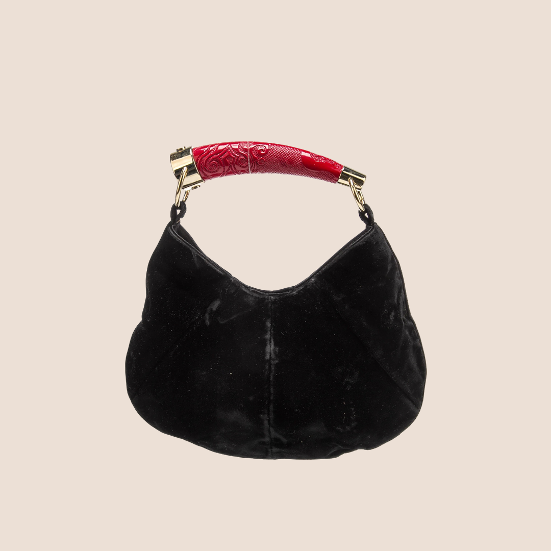 YVES SAINT LAURENT BLACK VELVET RED TOP HANDLE BAG