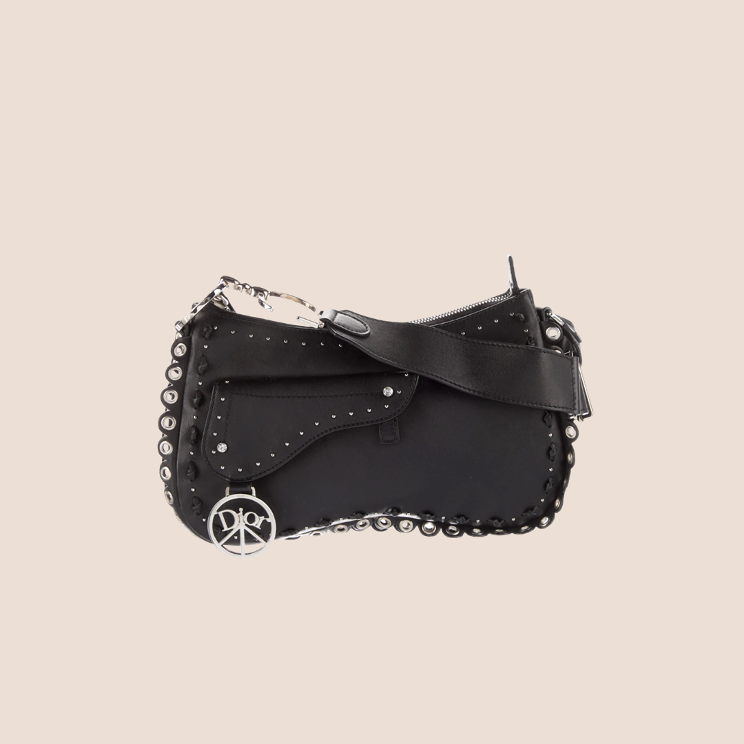 CHRISTIAN DIOR 2005 "PEACE & LOVE' BLACK STUDDED SHOULDER BAG