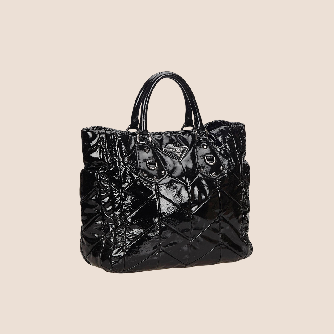 PRADA BLACK PATENT LEATHER TOTE BAG