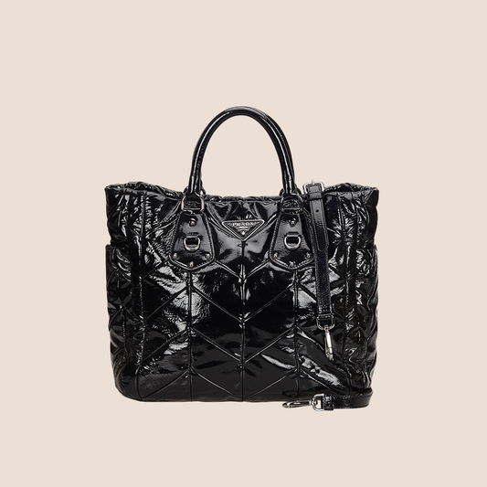 PRADA BLACK PATENT LEATHER TOTE BAG