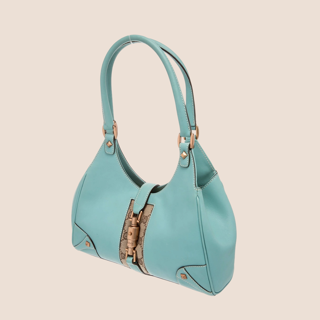 GUCCI TURQUOISE LEATHER & CANVAS BARDOT BAG