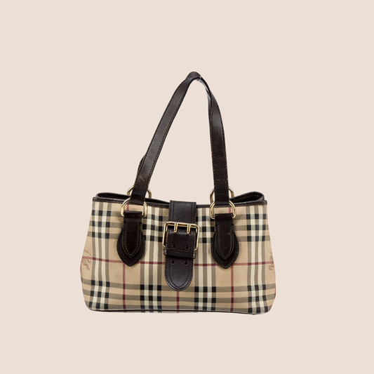 BURBERRY HAYMARKET CHECK BUCKLE TOTE BAG