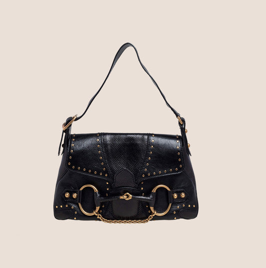 GUCCI BY TOM FORD BLACK LIZARD & LEATHER STUDDED SHOULDER BAG