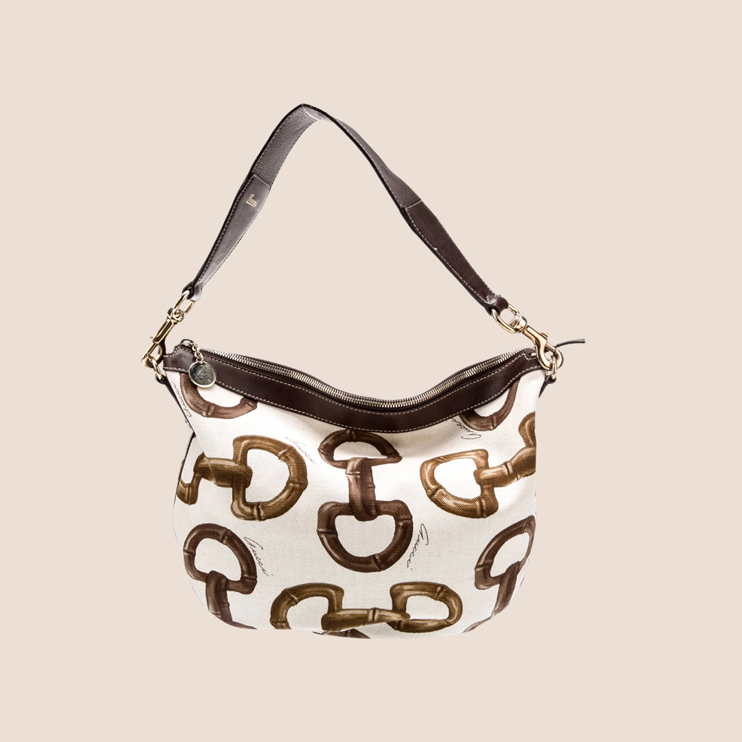 GUCCI WHITE & BROWN HORSEBIT HALF MOON HOBO BAG