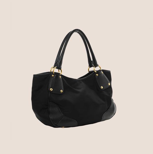 PRADA BLACK NYLON LEATHER TRIM SHOULDER BAG