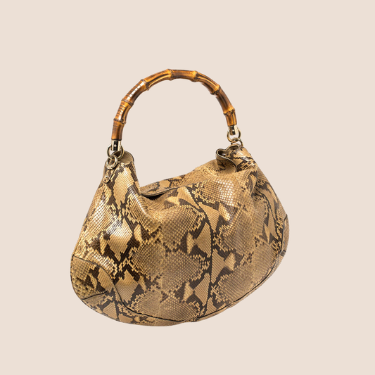 GUCCI BROWN PYTHON PEGGY BAMBOO HOBO BAG