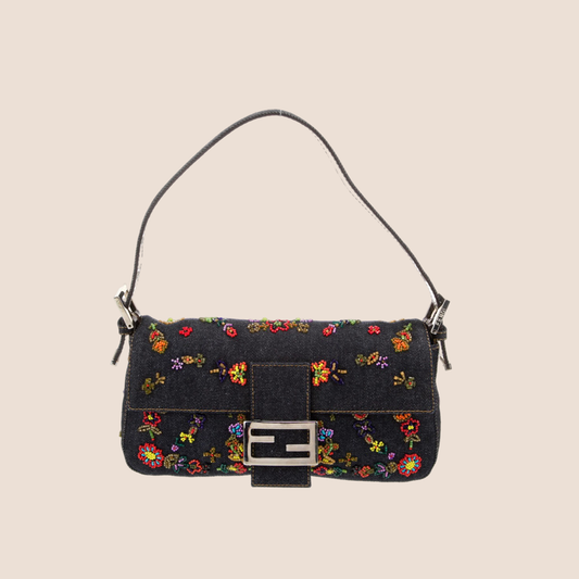 FENDI FLORAL EMBROIDERED DENIM BAGUETTE BAG