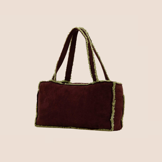 CHANEL BROWN & GREEN SUEDE SHEARLING TRIM FLAP BAG