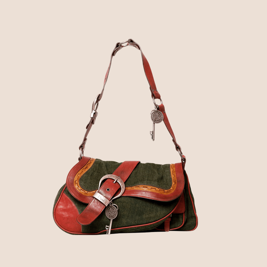 CHRISTIAN DIOR 2006 WASHED DENIM RED LEATHER DOUBLE SADDLE SHOULDER BAG