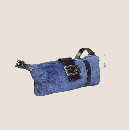 FENDI BLUE FUR CROSSBODY BAGUETTE BAG