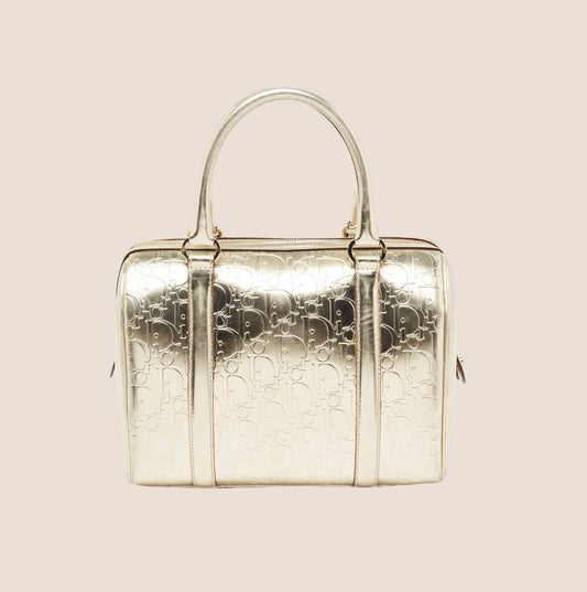 CHRISTIAN DIOR GOLD METALLIC TROTTER PATENT LEATHER BOSTON BAG