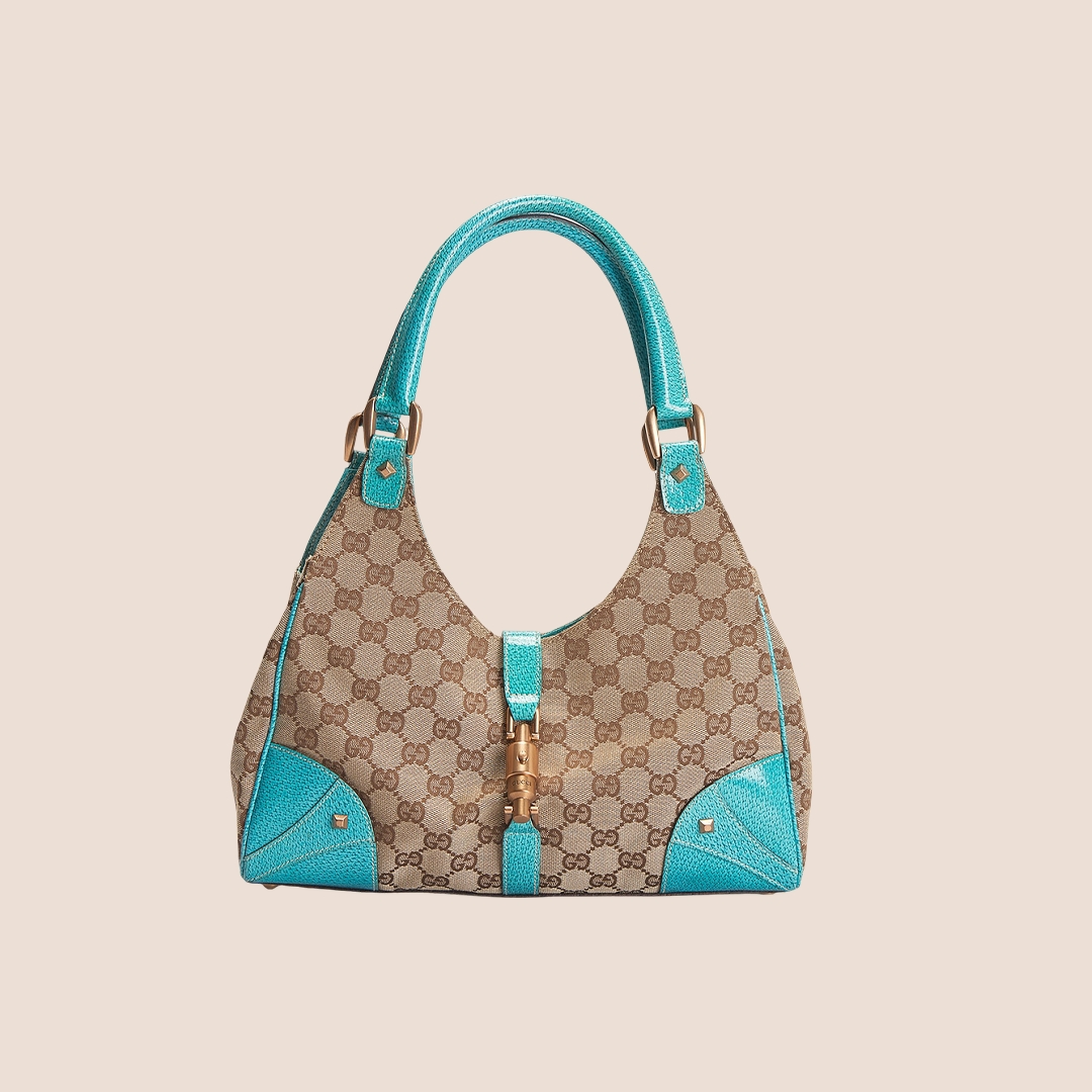 GUCCI BROWN GG CANVAS & TURQUOISE LEATHER BARDOT BAG