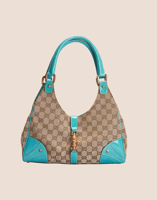 GUCCI BROWN GG CANVAS & TURQUOISE LEATHER BARDOT BAG