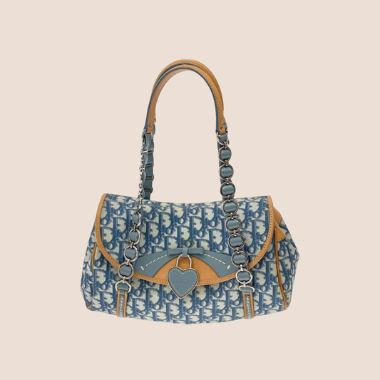 CHRISTIAN DIOR 2007 BLUE & TAN ROMANTIQUE TROTTER HANDBAG