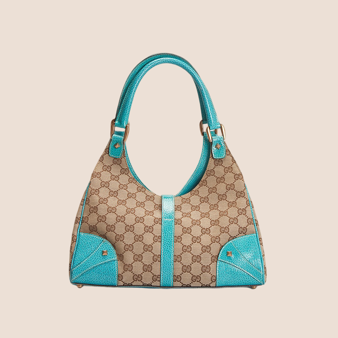 GUCCI BROWN GG CANVAS & TURQUOISE LEATHER BARDOT BAG