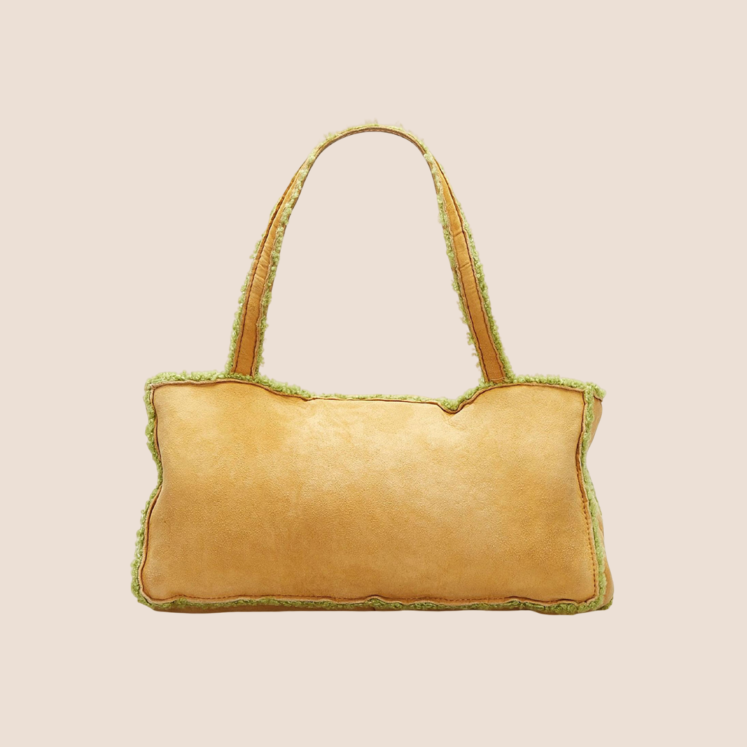 CHANEL BEIGE & GREEN SUEDE SHEARLING TRIM FLAP BAG