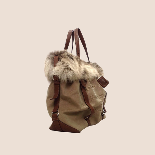 PRADA BROWN JACQUARD LOGO FUR TRIM TOTE BAG