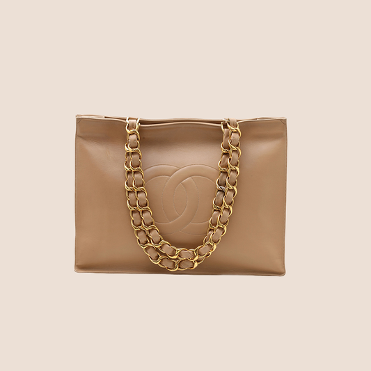 CHANEL 1990 CC LOGO BEIGE LEATHER TOTE BAG