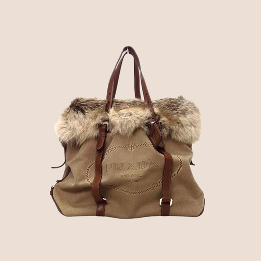 PRADA BROWN JACQUARD LOGO FUR TRIM TOTE BAG